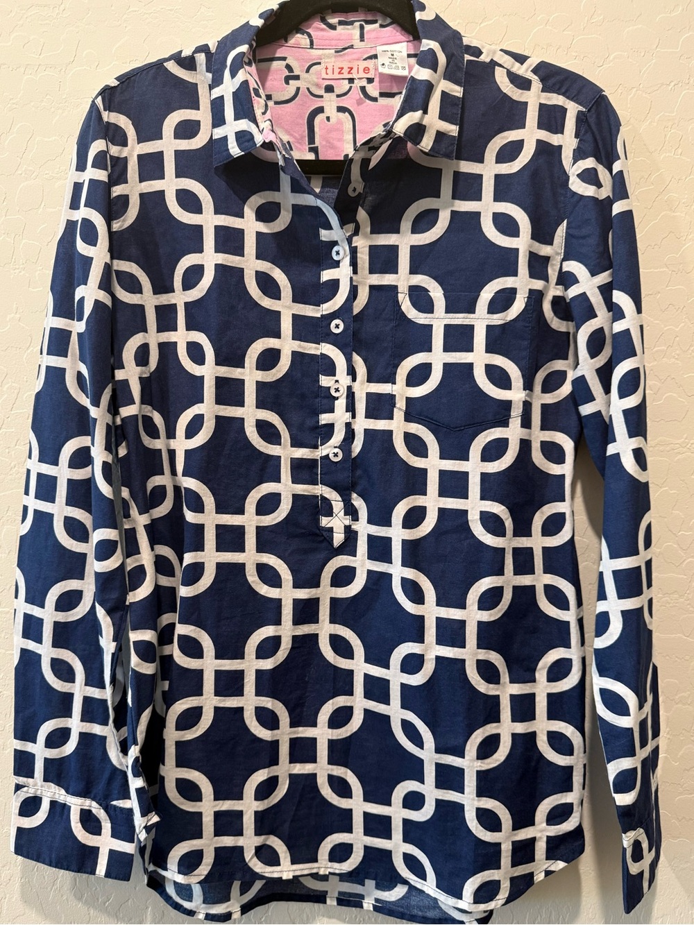 TIZZIE by Dizzy Lizzie Navy Geometric Link Popover Tunic Shirt 100% Cotton - Med